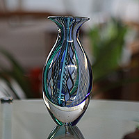 Handblown art glass vase, 'Curvy Carnival Color' - Collectible Handblown Murano Inspired Art Vase (9.5 Inch)