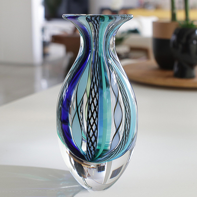 Handblown art glass vase, 'Curvy Carnival Color' - Collectible Handblown Murano Inspired Art Vase