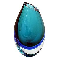 Handgeblasene Kunstglasvase, „Ocean Sigh“ (9,5 Zoll) – 9,5 Zoll Türkise, von Murano inspirierte, mundgeblasene Kunstglasvase