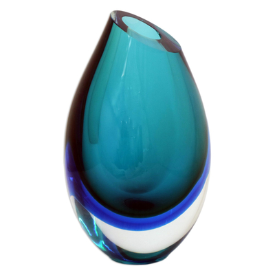 Handblown art glass vase, 'Ocean Sigh' (9.5 inch) - 9.5 inch Turquoise Murano Inspired Handblown Art Glass Vase