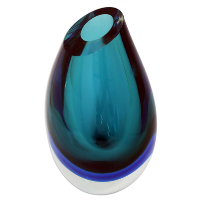 Handblown art glass vase, 'Ocean Sigh' (9.5 inch) - 9.5 inch Turquoise Murano Inspired Handblown Art Glass Vase