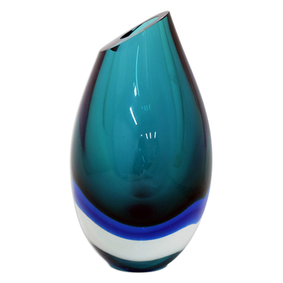 Handgeblasene Kunstglasvase, (9,5 Zoll) - 9,5 Zoll türkisfarbene Murano-inspirierte mundgeblasene Kunstglasvase