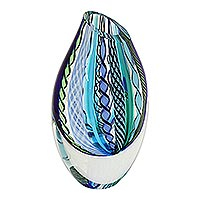 Handblown art glass vase, 'Carnival Color Fantasy' (9.5 inch) - Collectible Handblown Murano Inspired Art Vase (9.5 Inch)