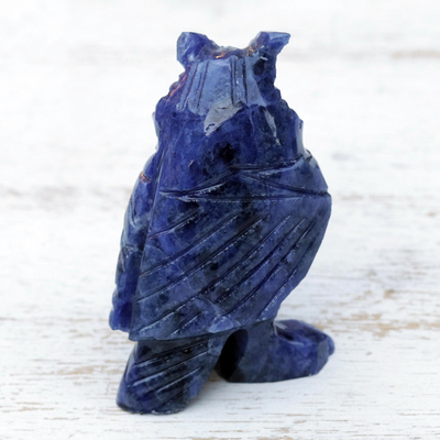 Sodalite and calcite sculpture, 'Amazon Flyer' - Handcrafted Sodalite Owl Sculpture from Brazil