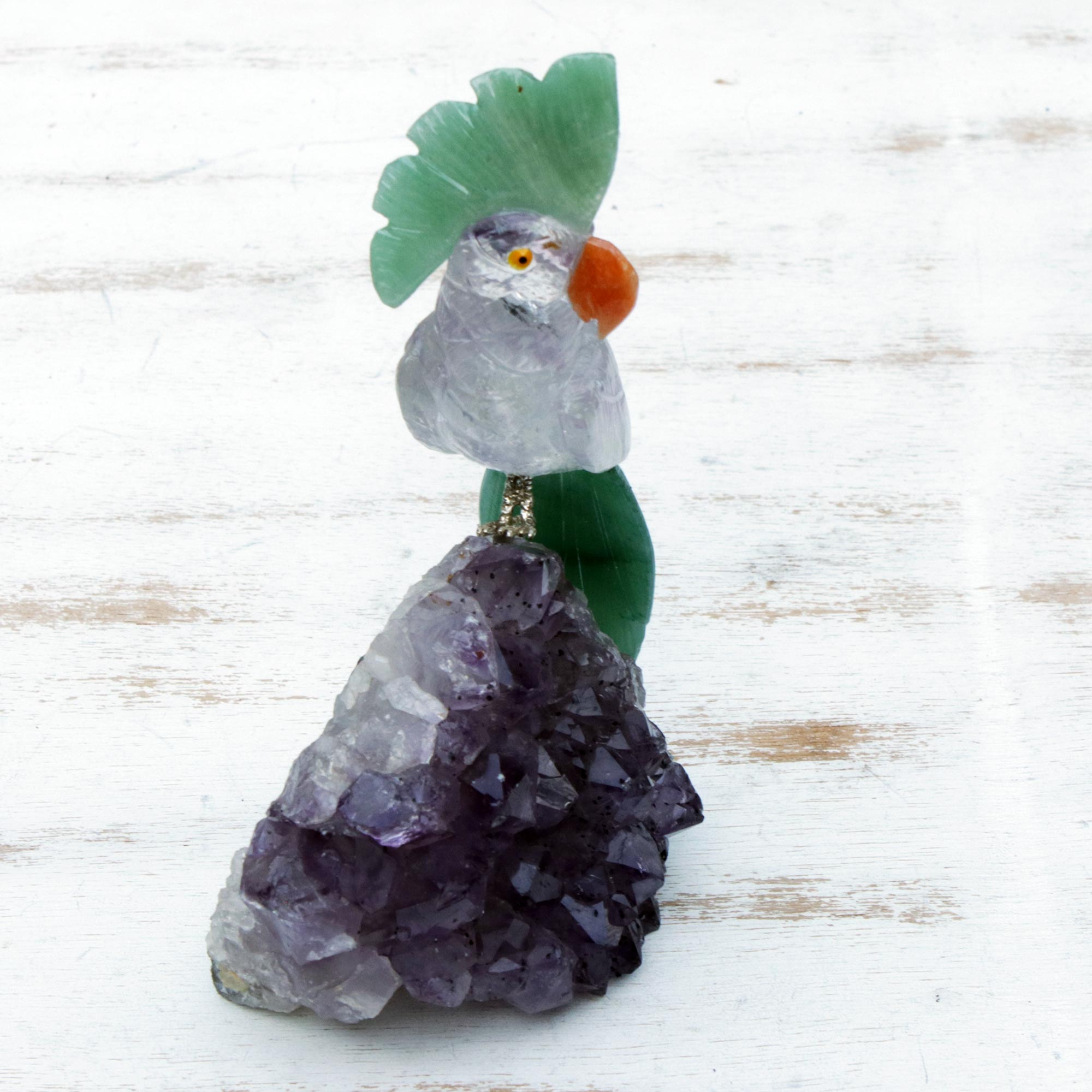 New! Quartz Crystal Carved Parrot with Amethyst Crystal Wings on a