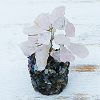 Rose Quartz and Multi-Gemstone Tree Sculpture from Brazil,'Rosy Leaves'