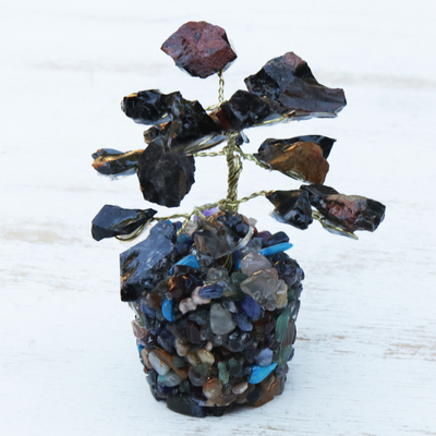 Multi-gemstone sculpture, 'Black Leaves' - Onyx and Multi-Gemstone Tree Sculpture from Brazil