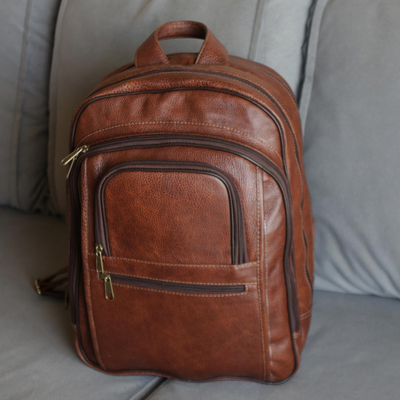 Caramel and Padded Backpack from Brazil - Champion in Mahogany Brown | NOVICA