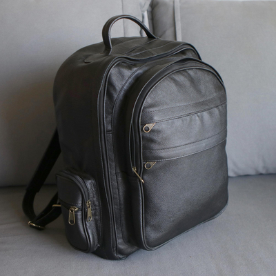 Leather backpack, 'Champion in Matte Black' - Matte Black Leather Padded Backpack from Brazil