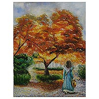 'Colors of Autumn' - Original Impressionist Painting of a Girl amid Fall Foliage