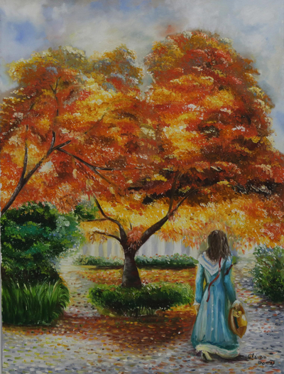 Original Impressionist Painting of a Girl amid Fall Foliage