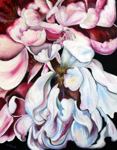'Dulces magnolias' - Pintura al óleo expresionista original de magnolias