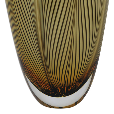 Handblown art glass vase, 'Slender Amber Palm Leaves' - Black and Amber Handblown Murano Inspired Art Glass Vase