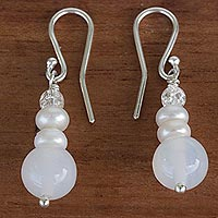 Cultured pearl and agate beaded dangle earrings, 'Snow Belle'