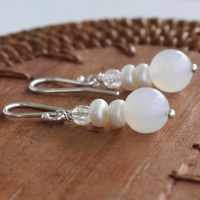 Cultured pearl and agate beaded dangle earrings, 'Snow Belle' - White Agate and Cultured Pearl Earrings