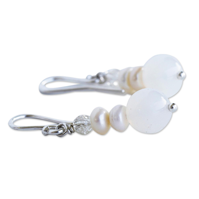 Cultured pearl and agate beaded dangle earrings, 'Snow Belle' - White Agate and Cultured Pearl Earrings