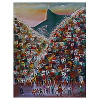'Cerro de Doña Marta' - Pintura original colorida de favela expresionista firmada