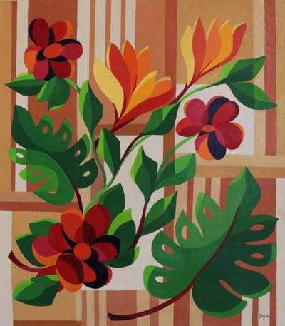 Signed Acrylic Painting of Flowers on a Window from Brazil