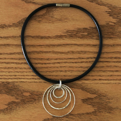 Silver and leather pendant necklace, 'Modern Echo' - Modern Leather and Sterling Necklace