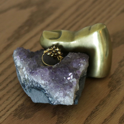 Druzy amethyst and bronze ring holder, 'Golden Grasp' - Surreal Amethyst and Bronze Thumb Ring Holder from Brazil
