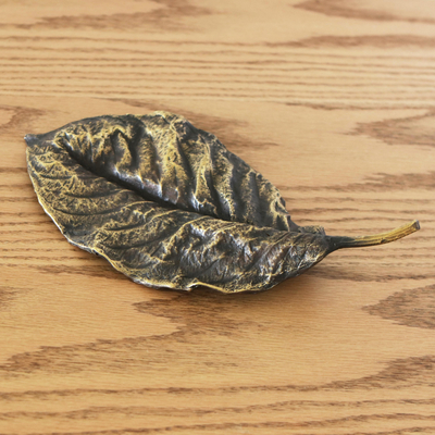 Bronze sculpture, 'Large Speckled Almond Leaf' (10 inch) - Gold Speckled Large Almond Leaf Bronze Sculpture from Brazil