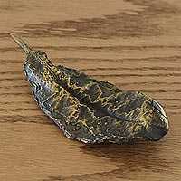 Bronze sculpture, 'Speckled Almond Leaf' (5.5 inch) - Gold Speckled 5.5 Inch Almond Leaf Sculpture from Brazil