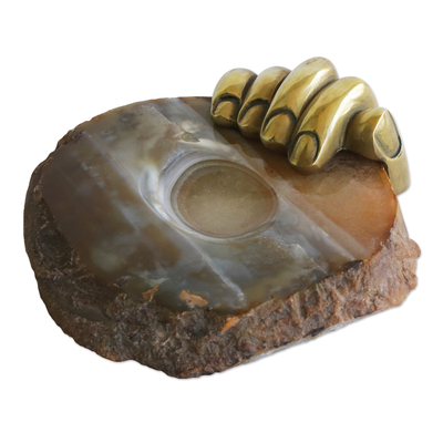 Agate and bronze soap dish, 'Earth's Offering' - Surrealist Agate and Bronze Soap Dish from Brazil