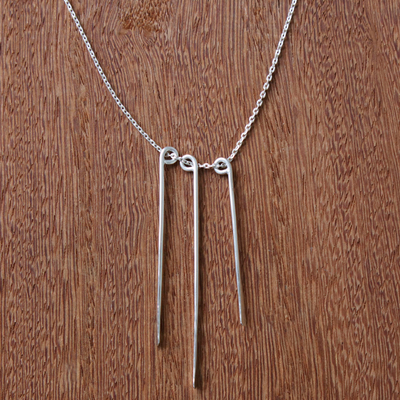 Sterling silver and leather pendant necklace, 'Bar Code' - Modern Sterling Pendant Necklace