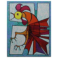 'Cubist Rooster' - Acrylic on Canvas Painting of Cubist Rooster from Brazil