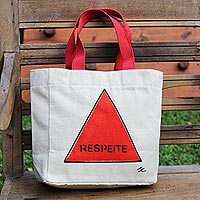 Hand-painted cotton tote, 'Respect' - Brazilian Hand Painted Power Word Wearable Art Cotton Tote