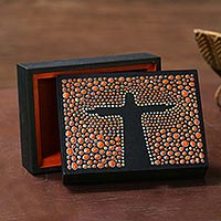 Wood decorative box, 'Orange Christ the Redeemer' (4.5 inch) - Orange Black Hand Painted Cristo Redentor Box 4.5 Inches