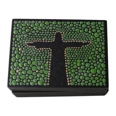 Caja decorativa de madera, 'Cristo Redentor Esmeralda' (4,5 pulgadas) - Caja Cristo Redentor pintada a mano en verde negro de 4,5 pulgadas