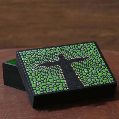 Wood decorative box, 'Emerald Christ the Redeemer' (4.5 inch) - Green Black Hand Painted Cristo Redentor Box 4.5 Inches