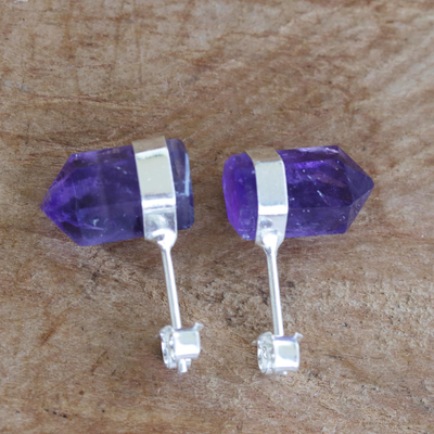Amethyst stud earrings, 'Intuitive Energy' - Hand Cut Prism Amethyst Stud Earrings from Brazil