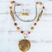 Gold-accented golden grass jewelry set, 'Sun Helix' - Agate and Golden Grass Jewelry Set