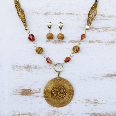 Conjunto de joyas de hierba dorada con detalles en oro, 'Sun Helix' - Conjunto de joyas de ágata y hierba dorada