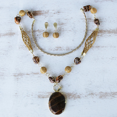 Gold plated tiger's eye jewellery set, 'Golden Muse' - Tiger's Eye Necklace and Earrings Set