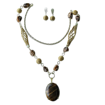 Gold plated tiger's eye jewelry set, 'Golden Muse' - Tiger's Eye Necklace and Earrings Set