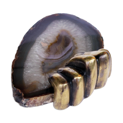 Bronze and agate sculpture, 'Left Hand Agate III' - Agate and Bronze Original Sculpture