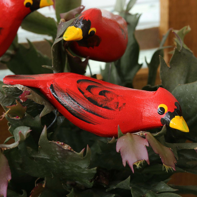 Wood ornaments, 'Northern Cardinals' (set of 5) - Wood Cardinal Ornaments (Set of 5)
