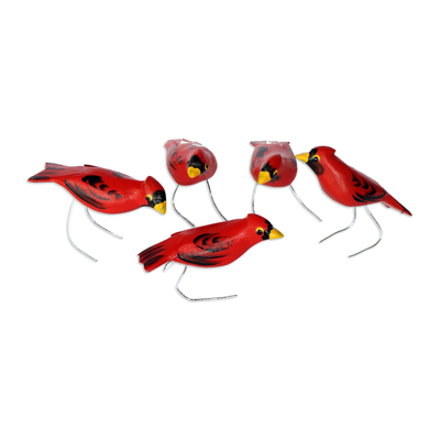 Wood ornaments, 'Northern Cardinals' (set of 5) - Wood Cardinal Ornaments (Set of 5)