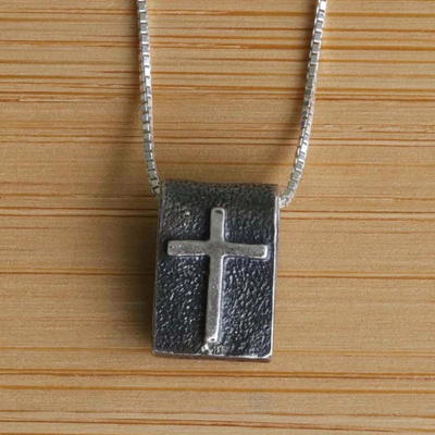 Silver pendant necklace, 'The Good Book' - Sterling and Fine Silver Cross Pendant Necklace from Brazil