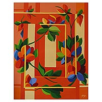 'Flowers in the Window' (2021) - Original Cubist Floral Painting in Fiery Tropical Colors