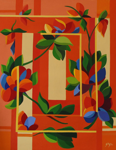 Original Cubist Floral Painting in Fiery Tropical Colors