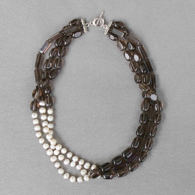 Collar de varias vueltas de cuarzo ahumado y perlas cultivadas - Collar de perlas cultivadas y cuarzo ahumado