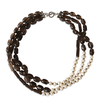 Smoky quartz and cultured pearl multi-strand necklace, 'Glamorous Duo' - Cultured Pearl and Smoky Quartz Necklace