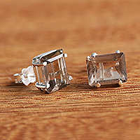 Smoky quartz stud earrings, 'Empyrean' - Brazilian Square Cut Smoky Quartz Stud Earrings