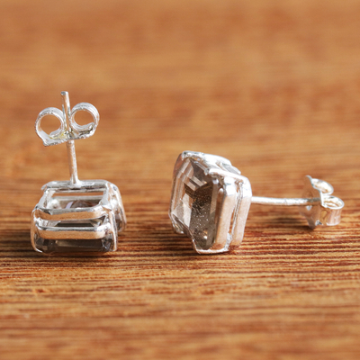 Smoky quartz stud earrings, 'Empyrean' - Brazilian Square Cut Smoky Quartz Stud Earrings