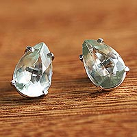 Prasiolite stud earrings, 'Crystalline Tears' - Brazilian Petite Teardrop Prasiolite & Silver Stud Earrings