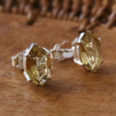 Lemon quartz stud earrings, 'Glimpse of Spring' - Brazilian Handcrafted Marquise Lemon Quartz Stud Earrings